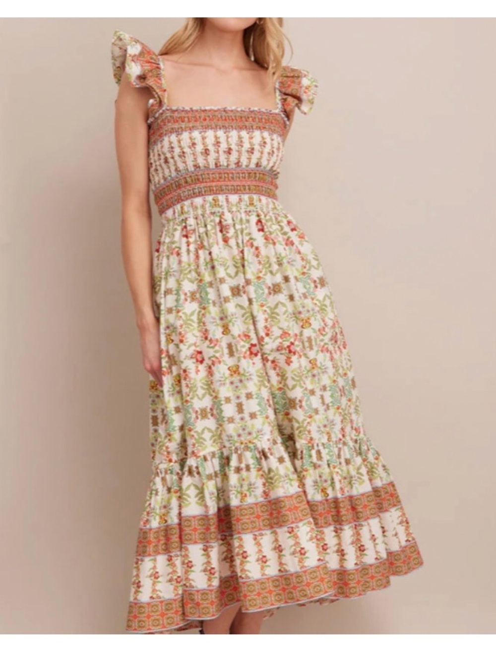 Cara Cara Cream Floral Smocked Midi Dress with Green and Pink Accents